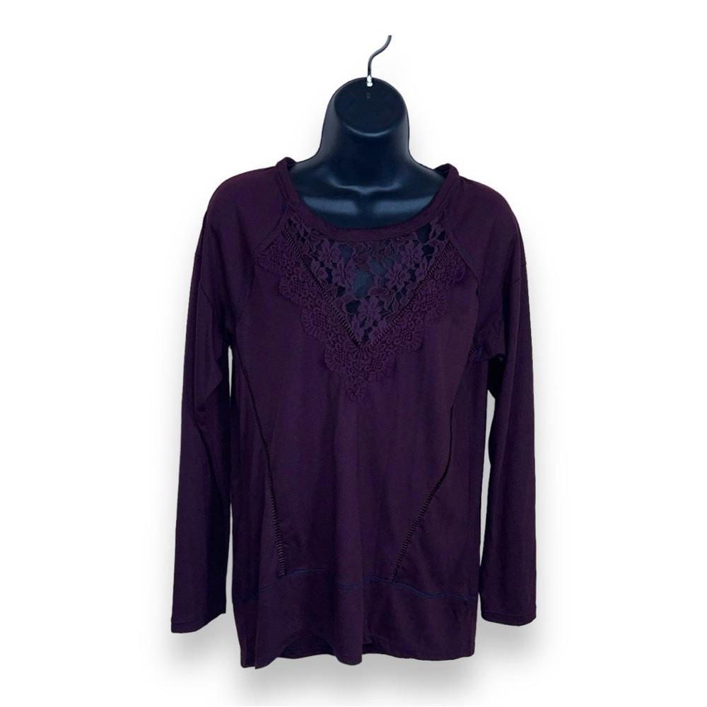 MEDIUM JOLT DARK PURPLE LONG SLEEVE TOP LACE EMBROIDERED NECKLINE